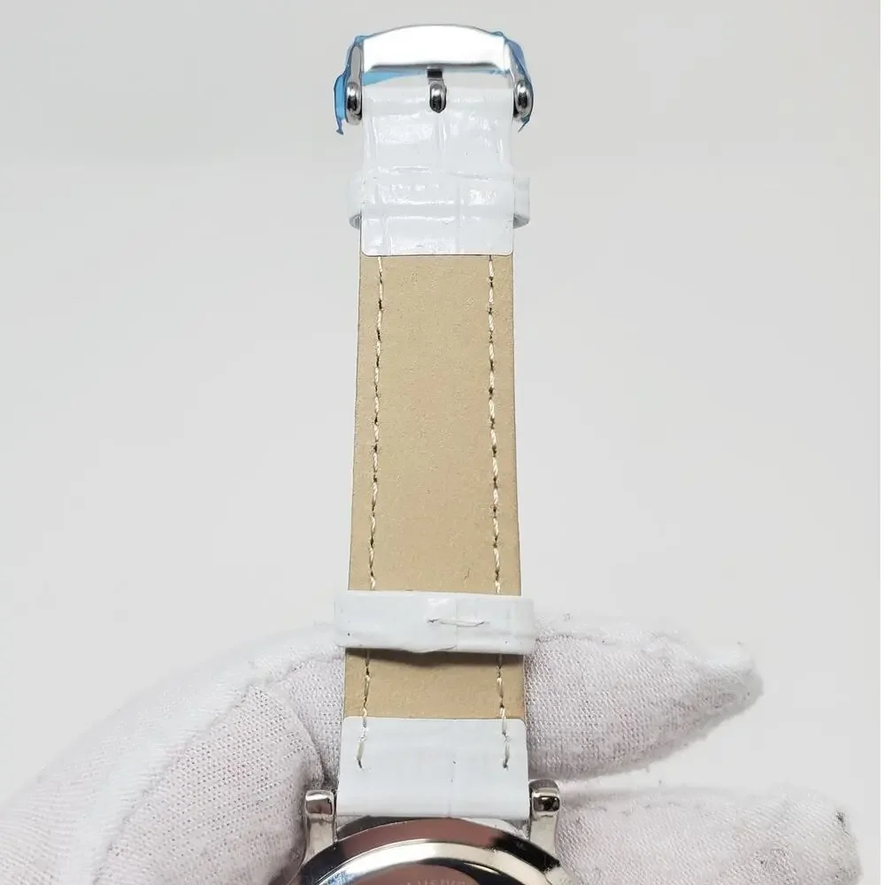 Disney Silver Minnie Mouse Watch White Leather Band Womens